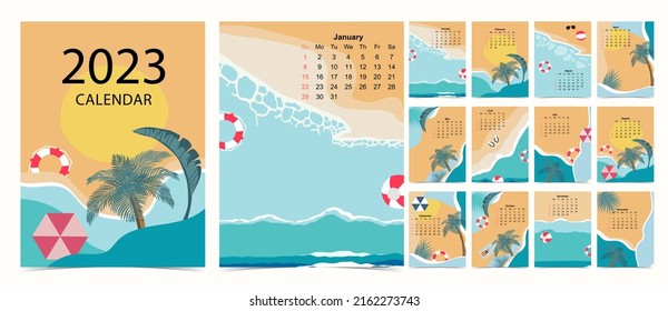 Calendario de tabla 2022 semana de inicio domingo con playa y mar que se utilizan para el tamaño vertical digital e imprimible A4 A5 