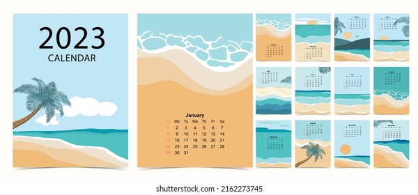 2022 table calendar week start on Sunday with beach and sea that use for vertical digital and printable A4 A5 size 