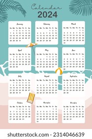 2022 table calendar week start on Sunday with beach that use for vertical digital and printable A4 A5 size 
