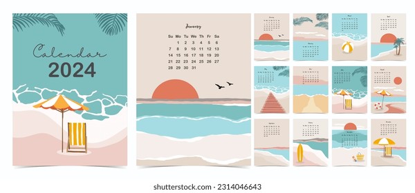 2022 table calendar week start on Sunday with beach that use for vertical digital and printable A4 A5 size 