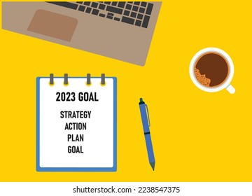 2022 target. purpose, plan, action, file, cup of coffee and pen on pink background, blank notebook page.New year idea concept.
Hello to the year 2023.