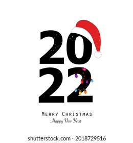 
2022 text with colorful light bulb and hat. Happy new year and merryChristmas greeting card