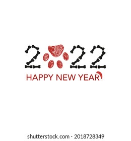 2022 text with doodle bone and paw print. Happy new year and Merry Christmas greeting card