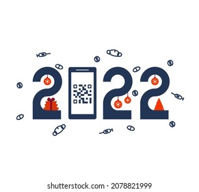 2022. Text with QR-code in a smartphone. Figures of the year. Vaccination against coronavirus COVID-19 and the risk of a new pandemic for health in 2022. Vector illustration