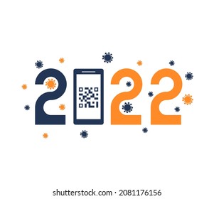2022. Texto con código QR en un smartphone. Cifras del año. Vacunación contra el coronavirus COVID-19 y el riesgo de una nueva pandemia para la salud en 2022. Ilustración del vector