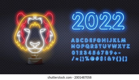 2022 Tiger face neon sign. Wild animal, zoo, nature design. Bengal tiger neon light icon. Panthera Tigris. National Indian animal. Symbol of power. Vector illustration in neon style.