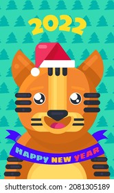 2022 tiger happy new year greeting card vector. Winter holiday celebrative poster with funny cute jungle cat, animal wearing santa claus hat on party flat illustration
