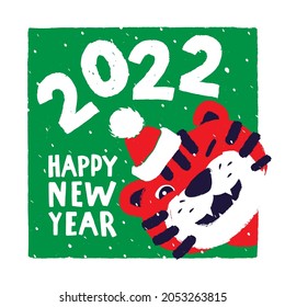 2022. Tiger in a Santa hat. Square greeting card with funny tiger for Chinese Happy New Year 2022. A hand-drawn editable vector illustration. Green and red colors.