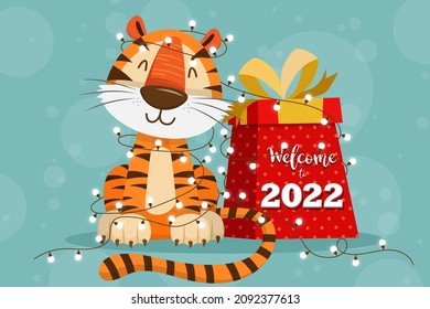 2022 Tiger Year typography design. Element of tiger face animal mascot. Tiger is traditional elements and chinese zodiac. Oriental Asian cultures. Vector illustration cartoon design