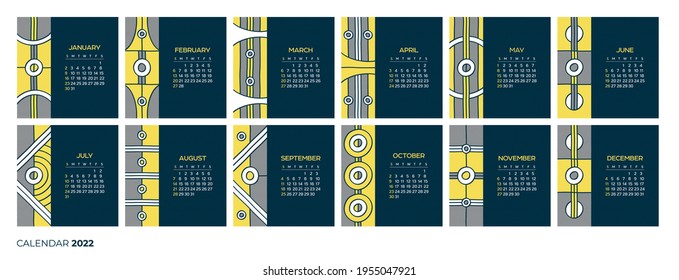 2022 trendy ornamental calendar design. Set of 12 months. Week starts on Sunday. Calendar pages template.Abstract geometric illustration. geometric elements