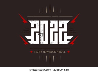 2022 - t-shirt design for new year party. Cool print for t-shirt with inscription. Happy New Rock'n'roll 2022 - music poster with stylized inscription, red lightnings and star on dark background.