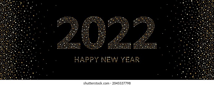 2022 typographic composition with dotted frame. Happy New Year greeting card, banner. Gold numbers, letters, characters made of hand drawn golden foil spangles, sparkles, sparks, glittering dots. 