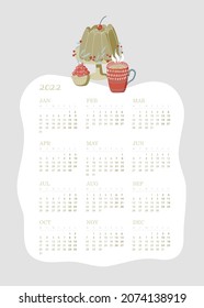 2022 vector calendar printable tamplate with a cute design with cake, cupcake and cup of hot coffee