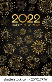 2022 Vector Happy New Year design template. Black background with gold festival gold fireworks.