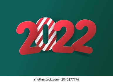2022 Vector Happy New Year design template. Winter holiday greeting card. Green background. Paper 3d cut red number with shadow.