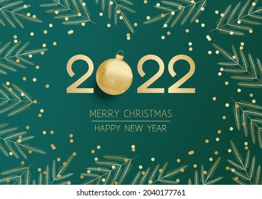 2022 Vector Merry Christmas and Happy New Year. Card with gold 3D ball. Design template. Winter background with gold  fir branches and snow confetti.