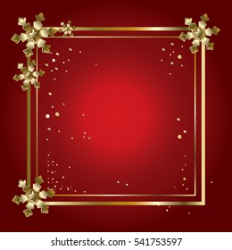 2022 Vector Merry Christmas and Happy New Year greeting cards background realistic glitter, sparkles, gold snowflakes confetti golden frame on red background Luxury Christmas decoration Winter Holiday