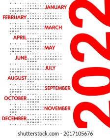 Diseño vertical de calendario de año completo 2022, plantilla de vector imprimible, primer lunes, dos fines de semana