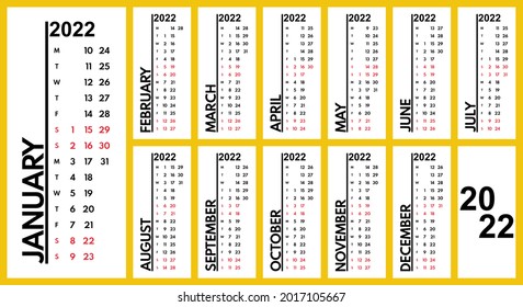 2022 vertical narrow monthly full year calendar layout, printable vector template, monday first, two weekends