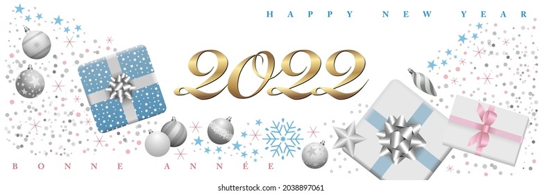 2022 - Vintage banner or greeting card decorated with gifts and Christmas balls - pastel colors on a white background - French, English text - translation: happy new year. 