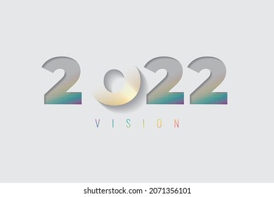 2022 Vision Cut and Fading Numerals Logo with Spectrum and Golden Halftone Effects and Lettering - Gold and Multicolor on Light Background - Vector Mixed Graphic Design