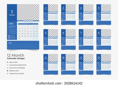 2022 Wall calendar with blue layout,Blue Wall calendar 2022,New Wall Calendar 2022 template 12 months included,Happy New Year 2022 Wall Calender,Calendar for 2022 year.Week starts Sunday.