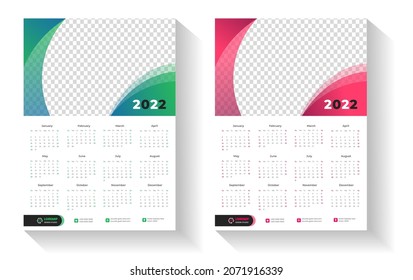 2022 Wand-Kalender-Design-Vorlage mit grün-rosa Farbe Woche beginnt Sonntag.