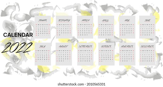 Diseño de calendario de pared 2022. La semana comienza el domingo. Calendario Muro Mensual 2022. Formato de carta estadounidense.Plantilla de página de calendario editable