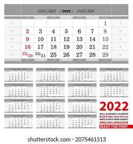2022 Wall calendar in English languages. Week start from Sunday. Vector calendar.