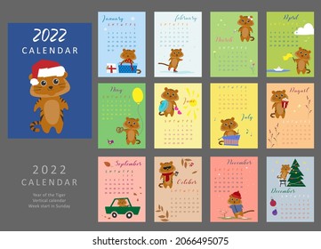 2022 wall calendar with tigers, 12 vertical pages and cover. Week starts on Sunday. Set of 12 pages and cover with a cute tiger. Vector flat illustration.