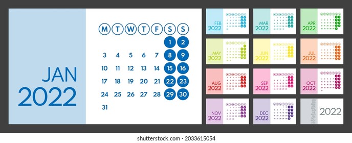 2022 wall or desk office calendar vector template, colorful grids, monday first, two weekends