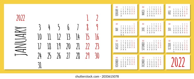 2022 Wall Or Desk Office Handwritten Monthly Calendar Grid