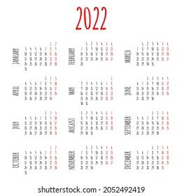 2022 wall or desk office handwritten calendar grid