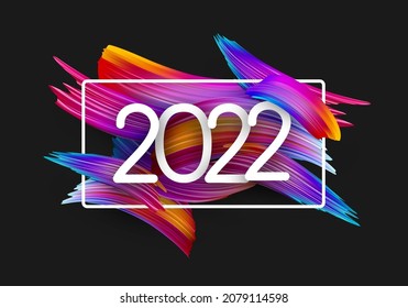 2022 white sign in square frame on colourful brush strokes background. Vector festive illustration.