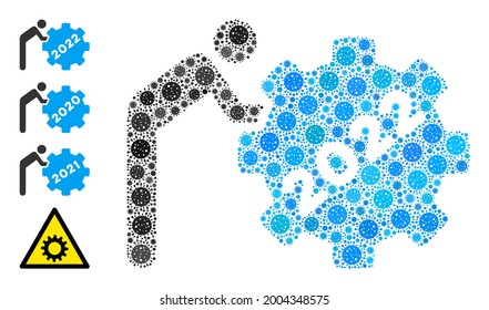 2022 worker rolling gear bacteria mosaic icon. 2022 worker rolling gear collage is shaped with random pathogen icons. Bonus icons are added. Flat style.