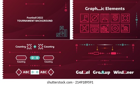 2022 world Football or Soccer Championship design elements vector set. 2022 official empty color red background. Vectors, Banners, Posters, Social Media kit, templates, scoreboard