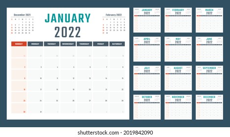 2022 year calendar, calendar design for 2022 starts sunday