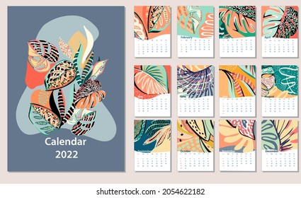 2022 year calendar design, week start Sunday, Editable calendar page template A4, A3 in portrait, set of artistic vector illustrations in cute colors