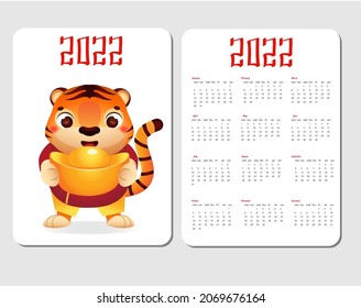 2022 year calendar grid with tiger. Chinese new year design with symbol of lunar zodiac, tiger hold golden boat yuanbao ingot