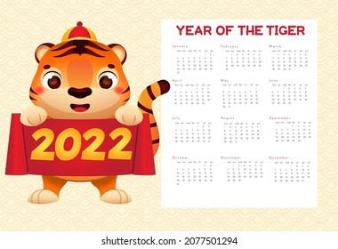 2022 year calendar grid with tiger. Chinese new year design with symbol of lunar zodiac, tiger hold scroll