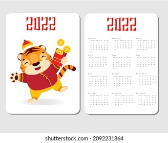 2022 year calendar grid with tiger. Chinese new year design with symbol of lunar zodiac, tiger with golden coins symbol of wealth