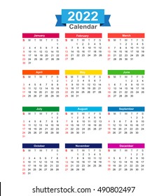 2022 Year calendar isolated on white background vector illustration eps10