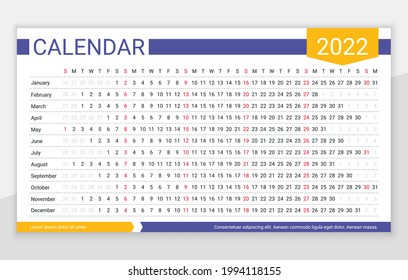 2022 year calendar. Linear planner template. Yearly horizontal calender. Vector. Week starts Sunday. Annual schedule grid with months. Landscape orientation, english. Simple design. Long illustration.