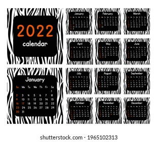 2022 year calendar. Modern design with animal skin pattern. Set of 12 months pages. Black and white vector illustration.