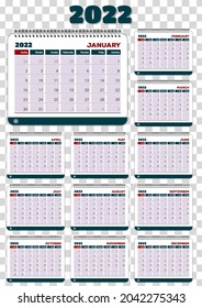 Plantilla de diseño del planificador del calendario de 2022 años. La semana empieza el domingo