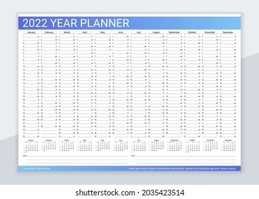 2022 year calendar planner. Desk calender template. Vector. Annual daily organizer. Agenda diary with 12 months. Week starts Sunday. Schedule page in English. Business illustration in simple design.