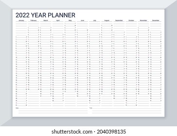 2022 year calendar planner. Desk calender template. Vector. Annual daily organizer. Agenda diary. Week starts Sunday. Schedule page with 12 month in English. Business illustration in simple design.