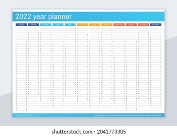 2022 year calendar planner. Desk calender template. Annual daily organizer. Agenda diary. Week starts Sunday. Schedule page with 12 month in English. Vector illustration in simple design.