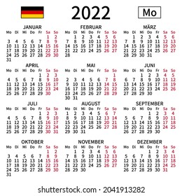 Calendario de 2022 años. Sencillo, claro y grande. Idioma alemán. La semana comienza el lunes. Sábado y domingo resaltados. Sin vacaciones. Ilustración vectorial. EPS 8, sin gradientes, sin transparencia
