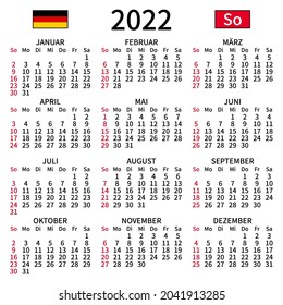 Calendario de 2022 años. Sencillo, claro y grande. Idioma alemán. La semana comienza el domingo. Domingo resaltado. Sin vacaciones. Ilustración vectorial. EPS 8, sin gradientes, sin transparencia